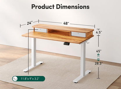 48 X 24 Inch Height Adjustable Electric Standing Desk with Double Drawer, Stand up Desk with Storage Shelf, Sit Stand Desk, Light Wood