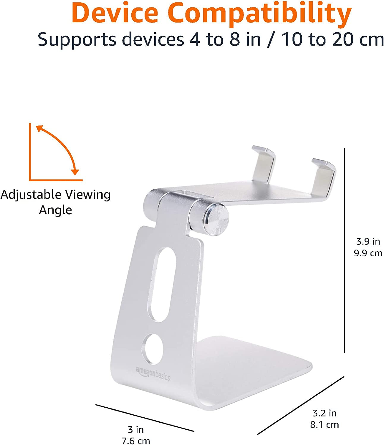 Adjustable Aluminum Phone Stand for Cell Phones, Iphone and Android, 3.15 X 2.87 X 3.74 Inch, Silver